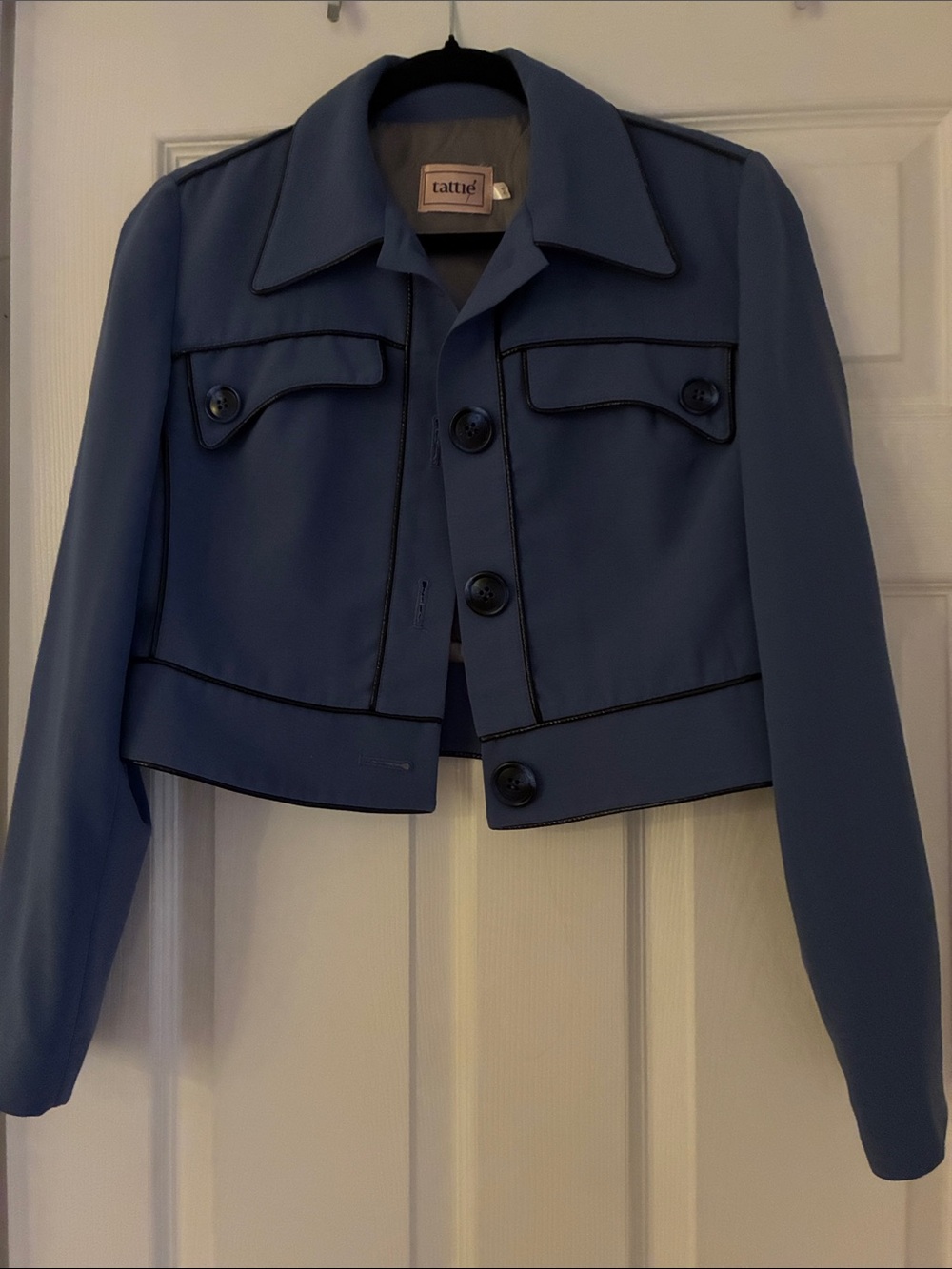 Cropped Blue Jacket with Contrast Piping